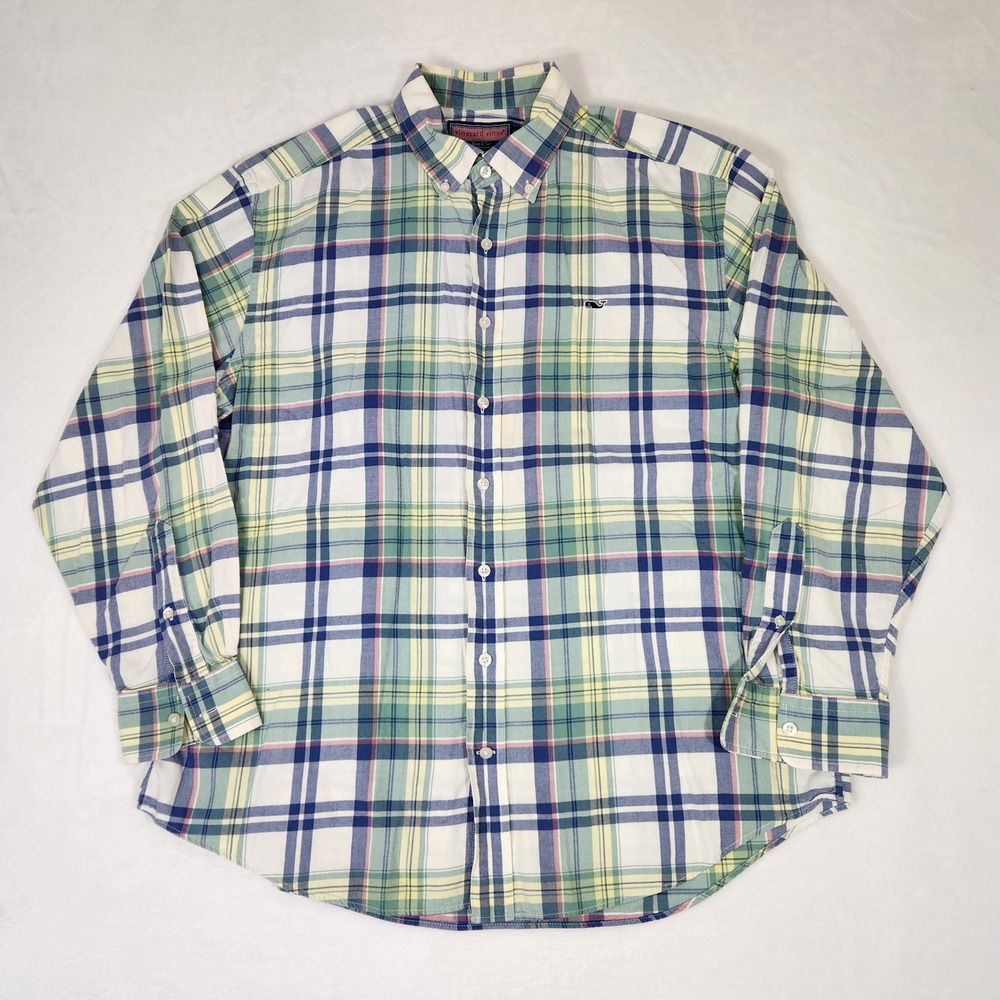 Vineyard Vines Whale Shirt Mens Large Plaid Button Down Long Sleeve Cotton Blue